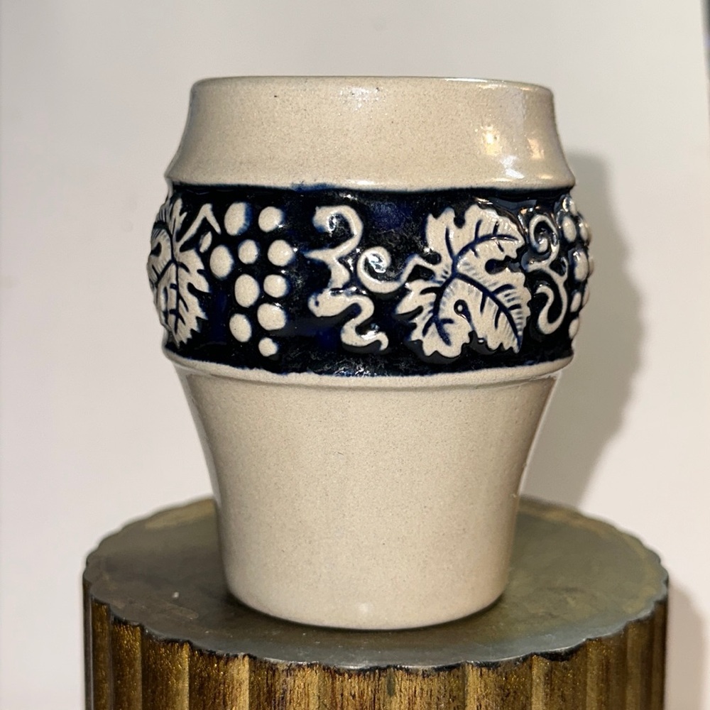 Vintage Gerz Pottery Wine Cup Grapes Vines Blue Gray Stoneware West Germany 3 in
